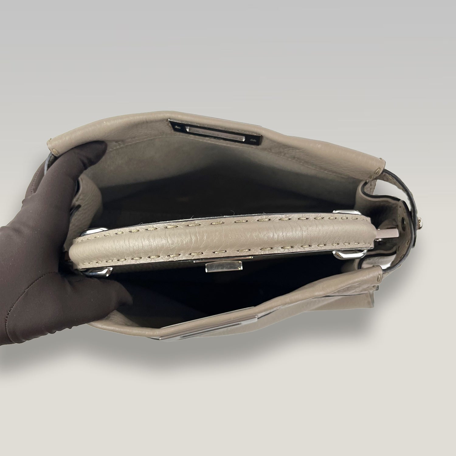 Fendi Peekaboo Medium Selleria Leather Top Handle Bag in Taupe with Palladium Hardware