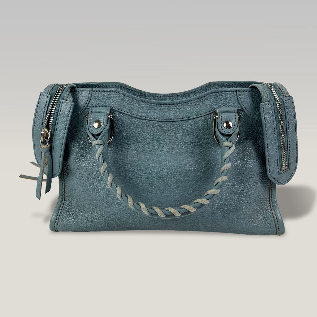 Balenciaga Mini City in Pelle Azzurra – Iconica Borsa Motorcycle con Tracolla 24 cm