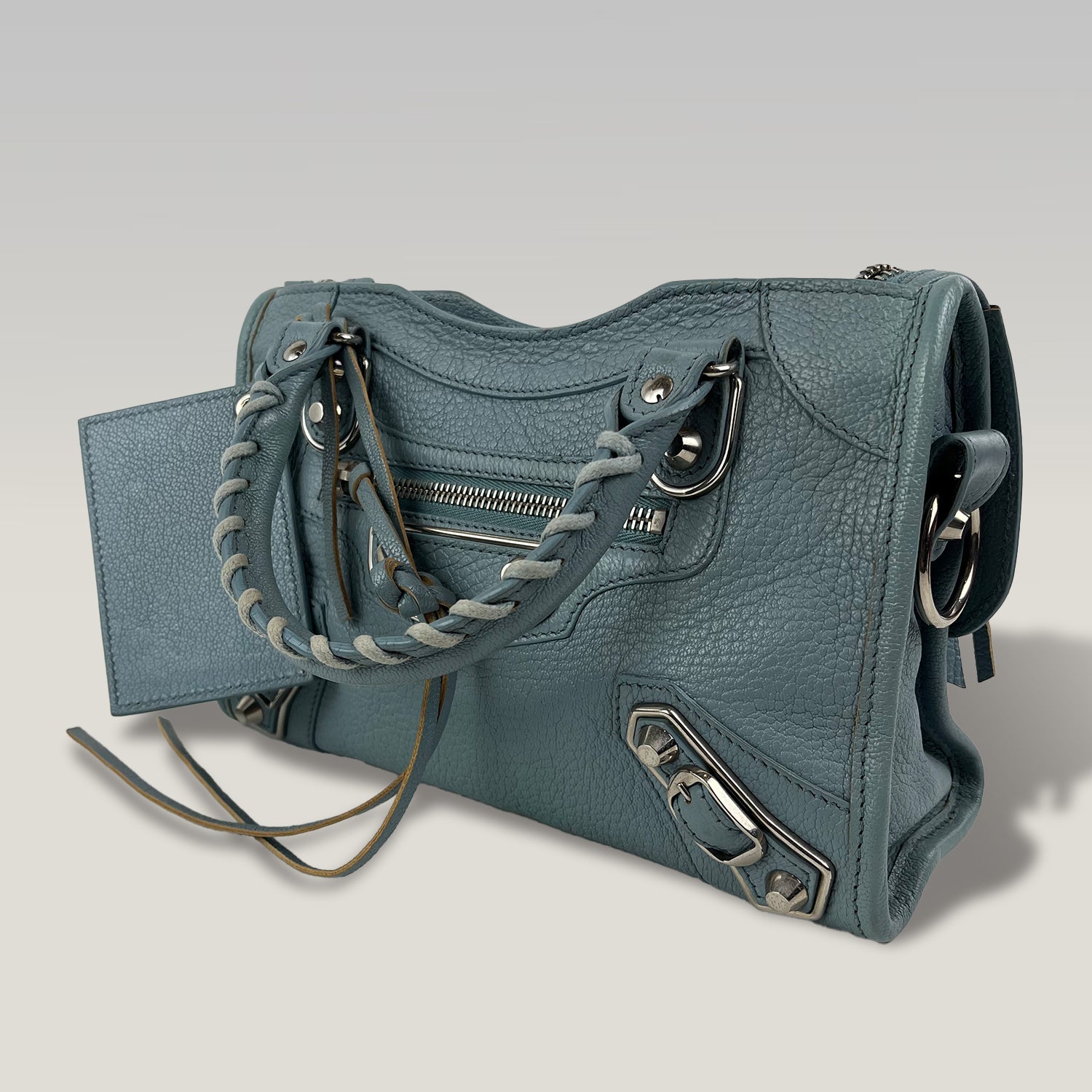 Balenciaga Mini City in Pelle Azzurra – Iconica Borsa Motorcycle con Tracolla 24 cm