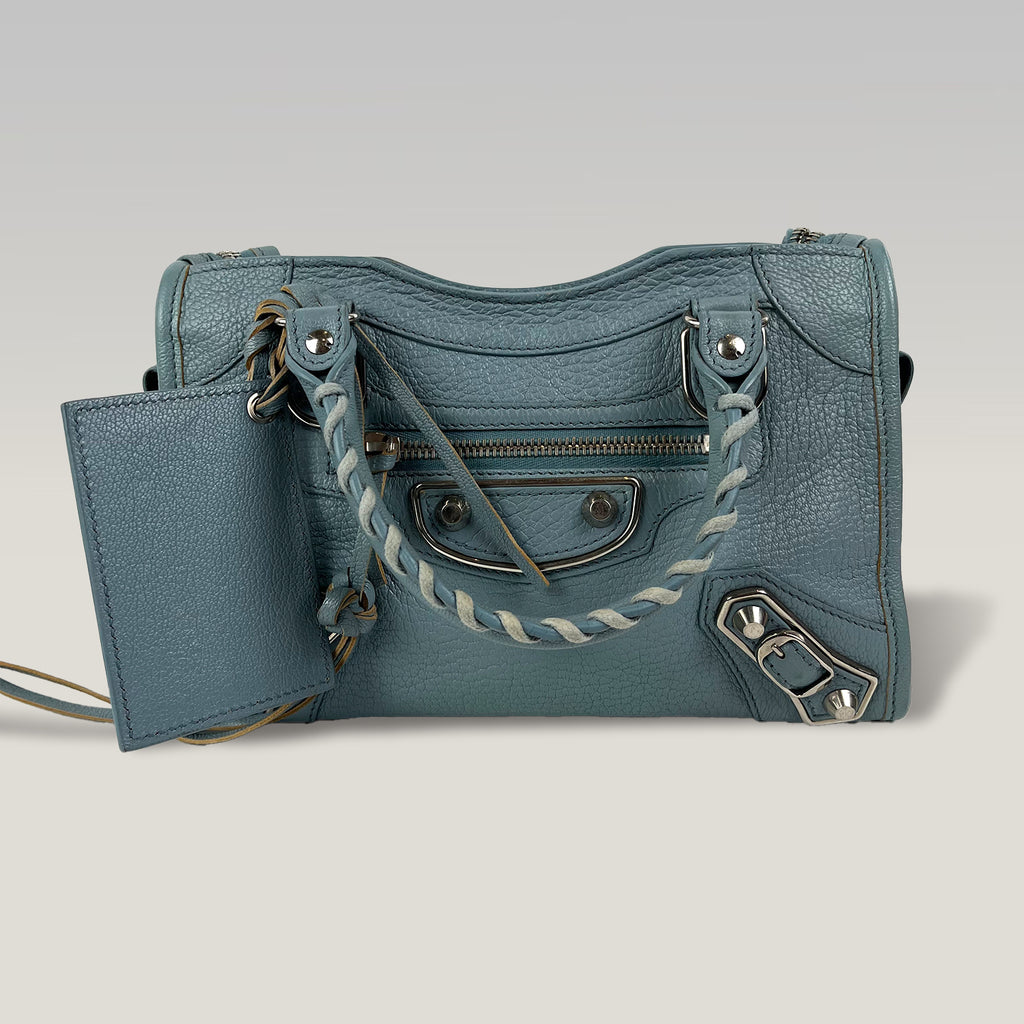 Balenciaga Mini City in Pelle Azzurra – Iconica Borsa Motorcycle con Tracolla 24 cm