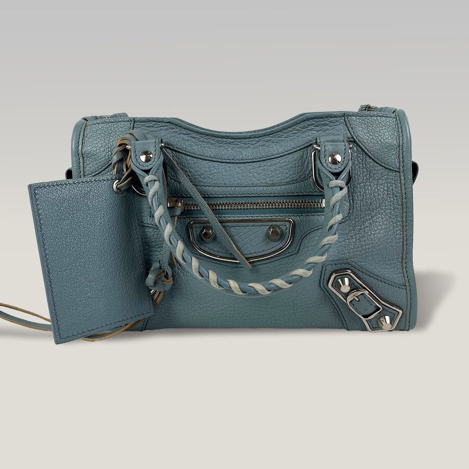 Balenciaga Mini City in Pelle Azzurra – Iconica Borsa Motorcycle con Tracolla 24 cm