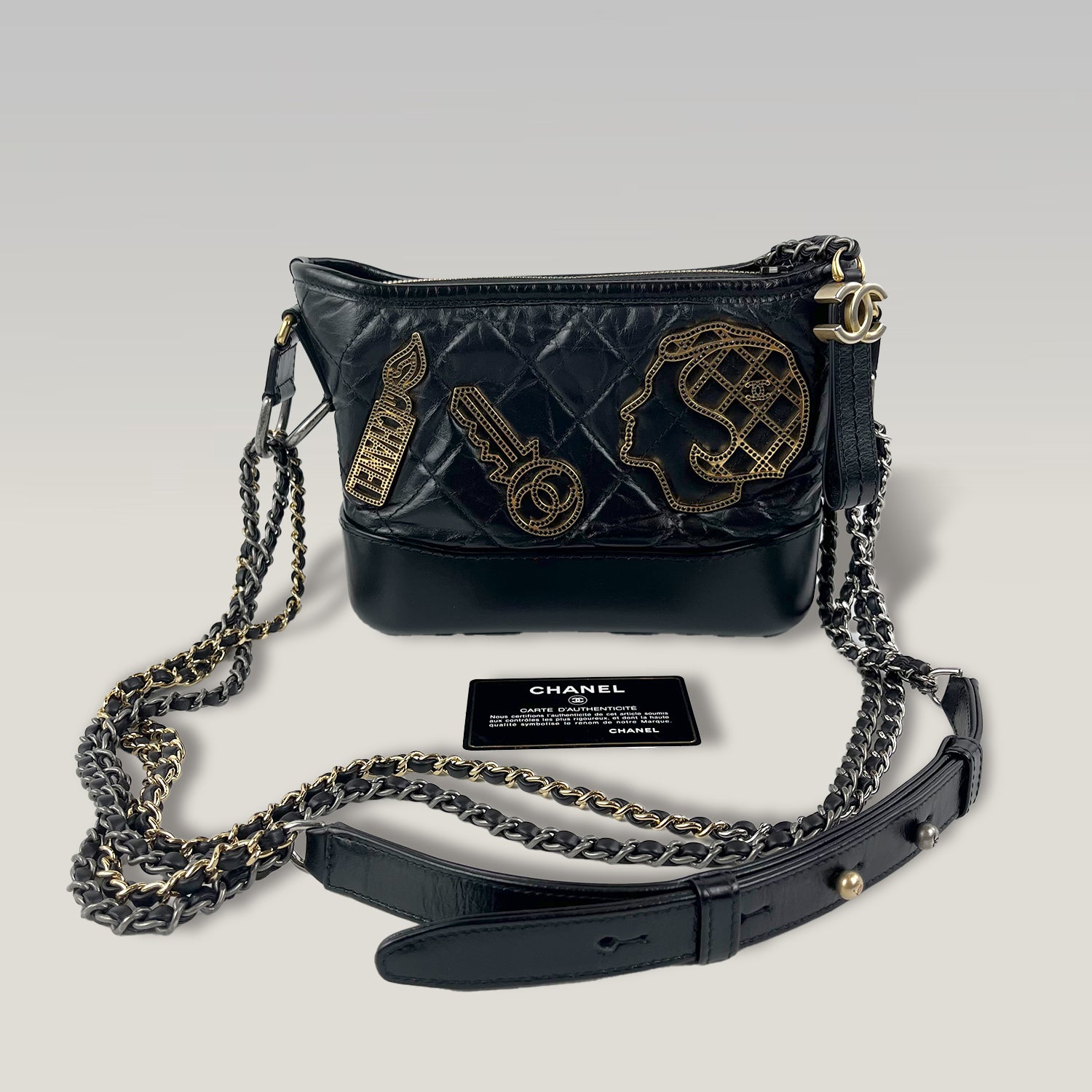Chanel Gabrielle Small Hobo Bag in Black Quilted Leather with Ruthenium and Gold-Tone Hardware