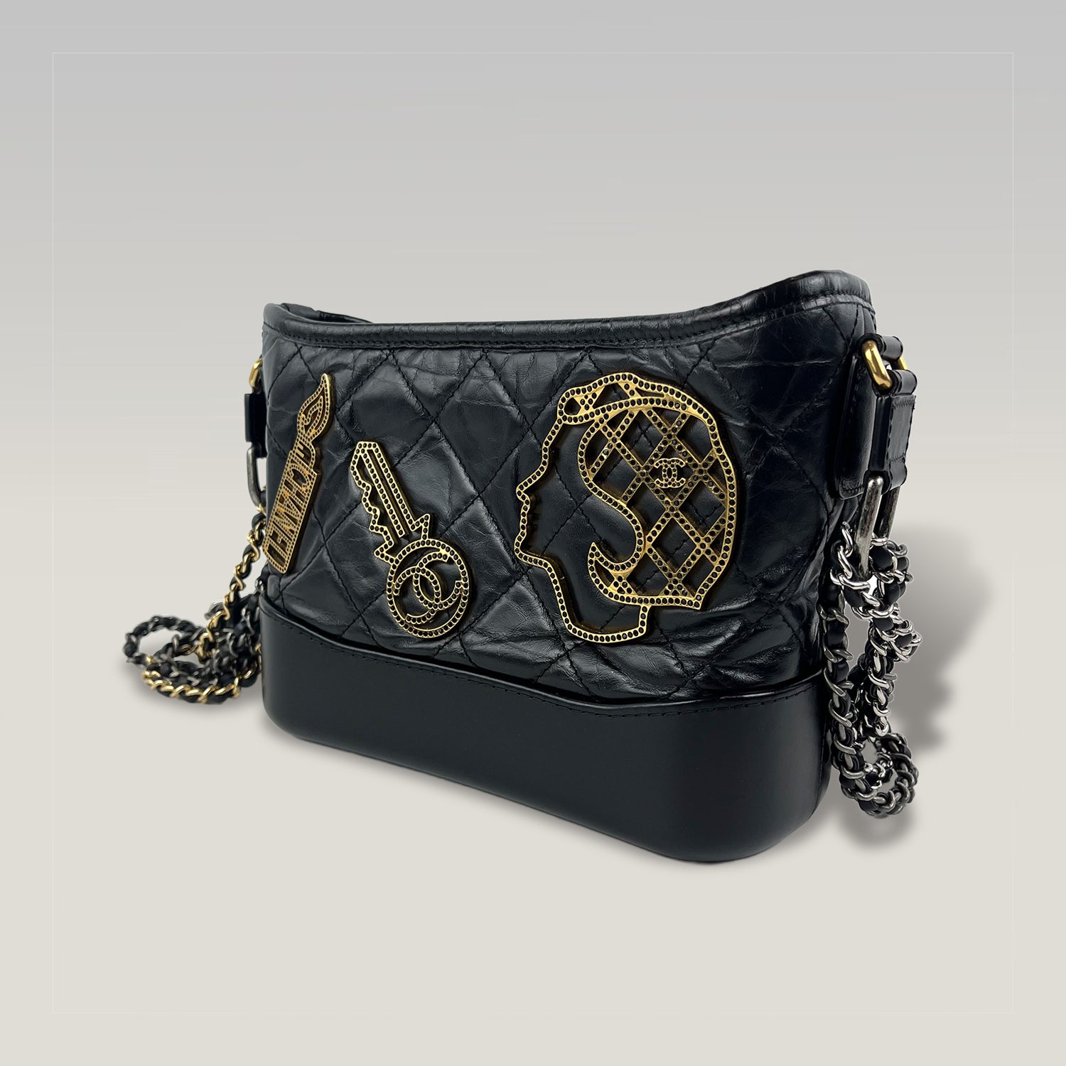 Chanel Gabrielle Small Hobo Bag in Black Quilted Leather with Ruthenium and Gold-Tone Hardware