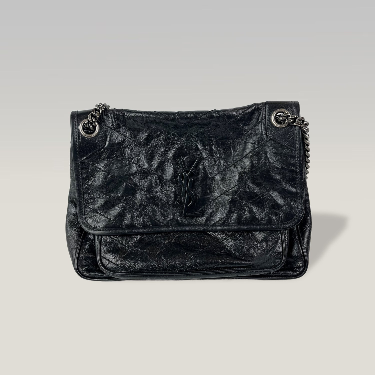 Saint Laurent Niki Medium Bag Nera in Pelle con Catena Antracite