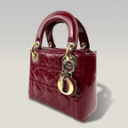 Dior Lady Dior Mini 3 Riquadri in Vernice Rossa con Impunture Cannage e Hardware Dorato