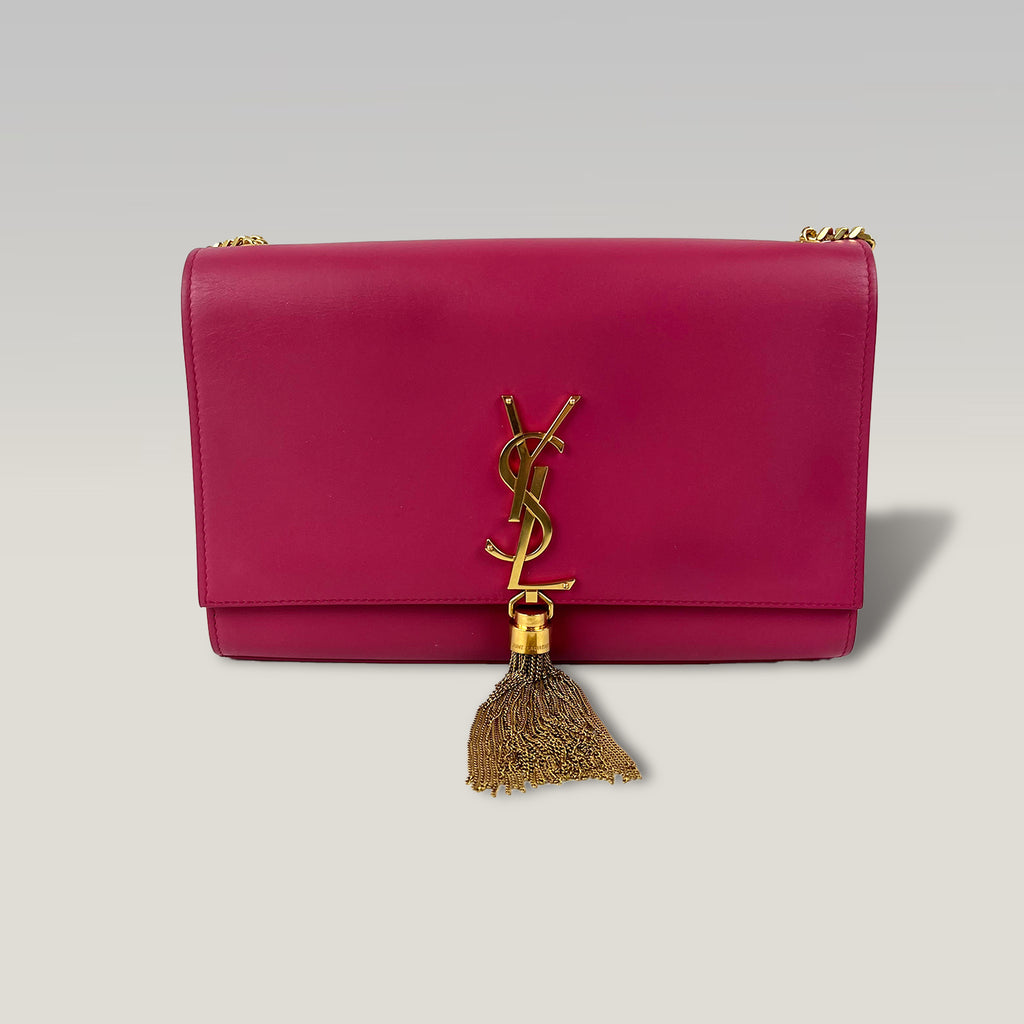 Saint Laurent Sunset Medium Leather Chain Shoulder Bag in Fuchsia Pink with Gold Hardware