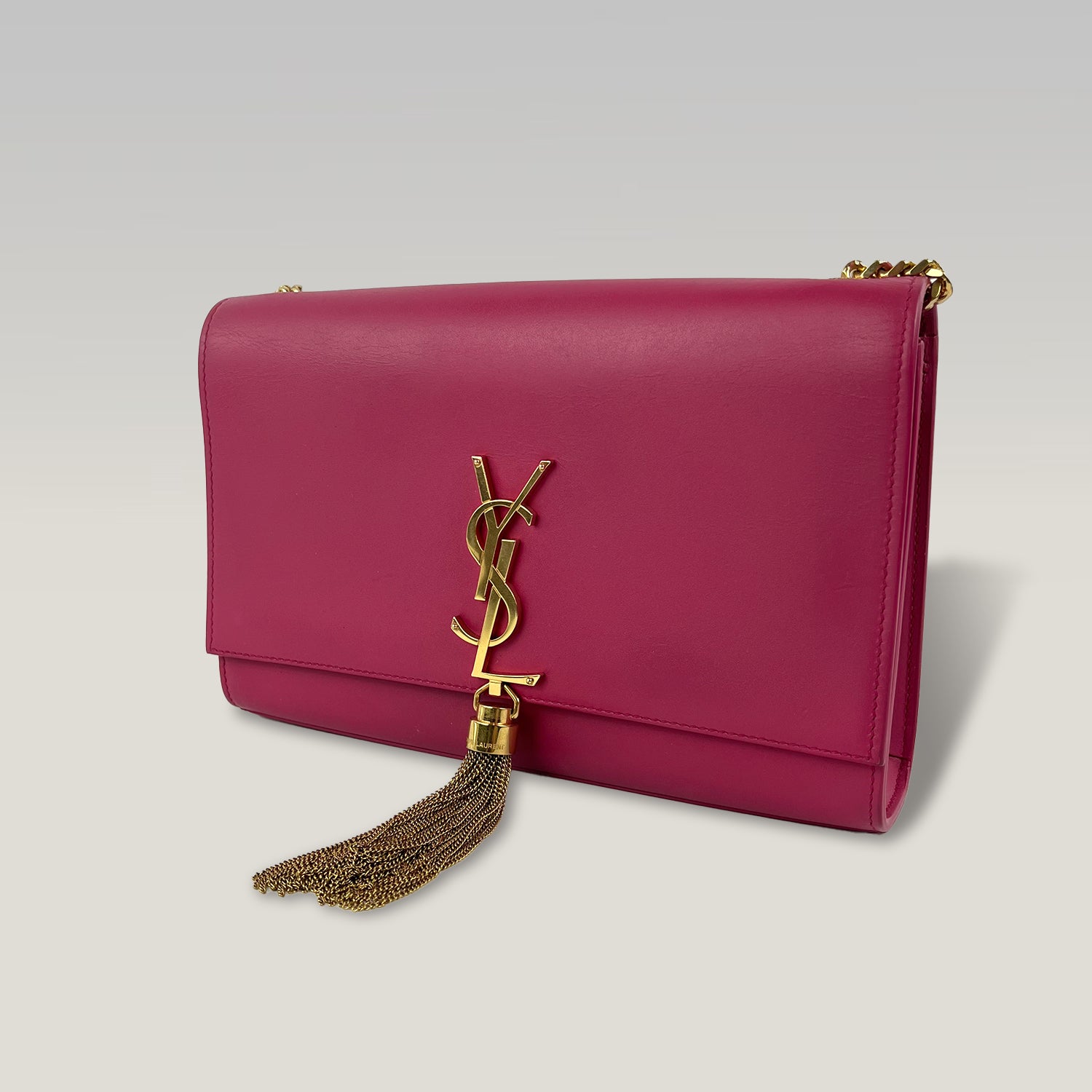 Saint Laurent Sunset Medium Leather Chain Shoulder Bag in Fuchsia Pink with Gold Hardware
