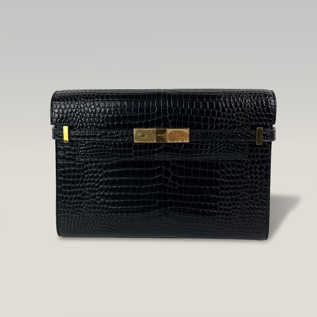 Saint Laurent Manhattan Medium Borsa a Tracolla Nera Effetto Coccodrillo in Pelle con Hardware Dorato
