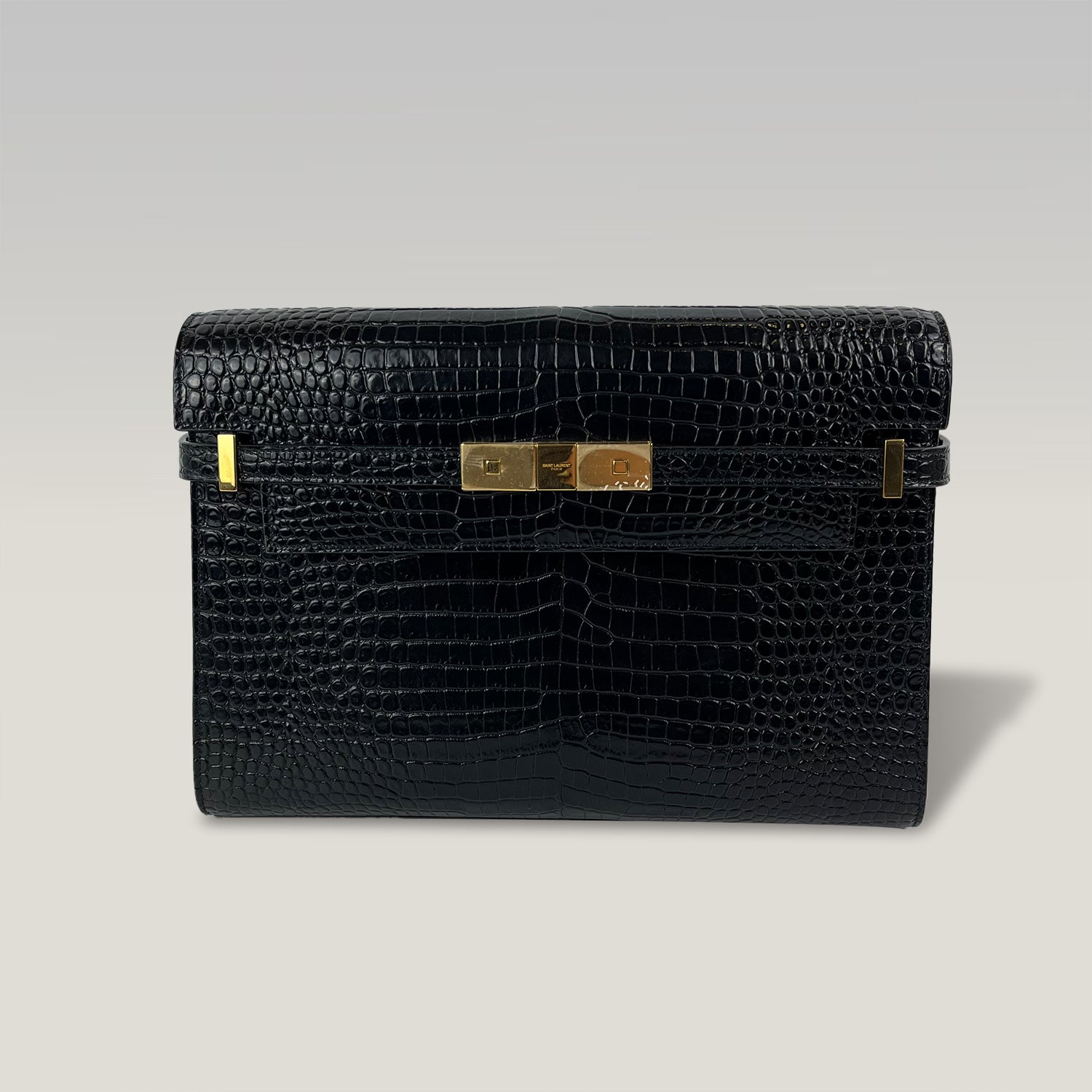 Saint Laurent Manhattan Medium Borsa a Tracolla Nera Effetto Coccodrillo in Pelle con Hardware Dorato