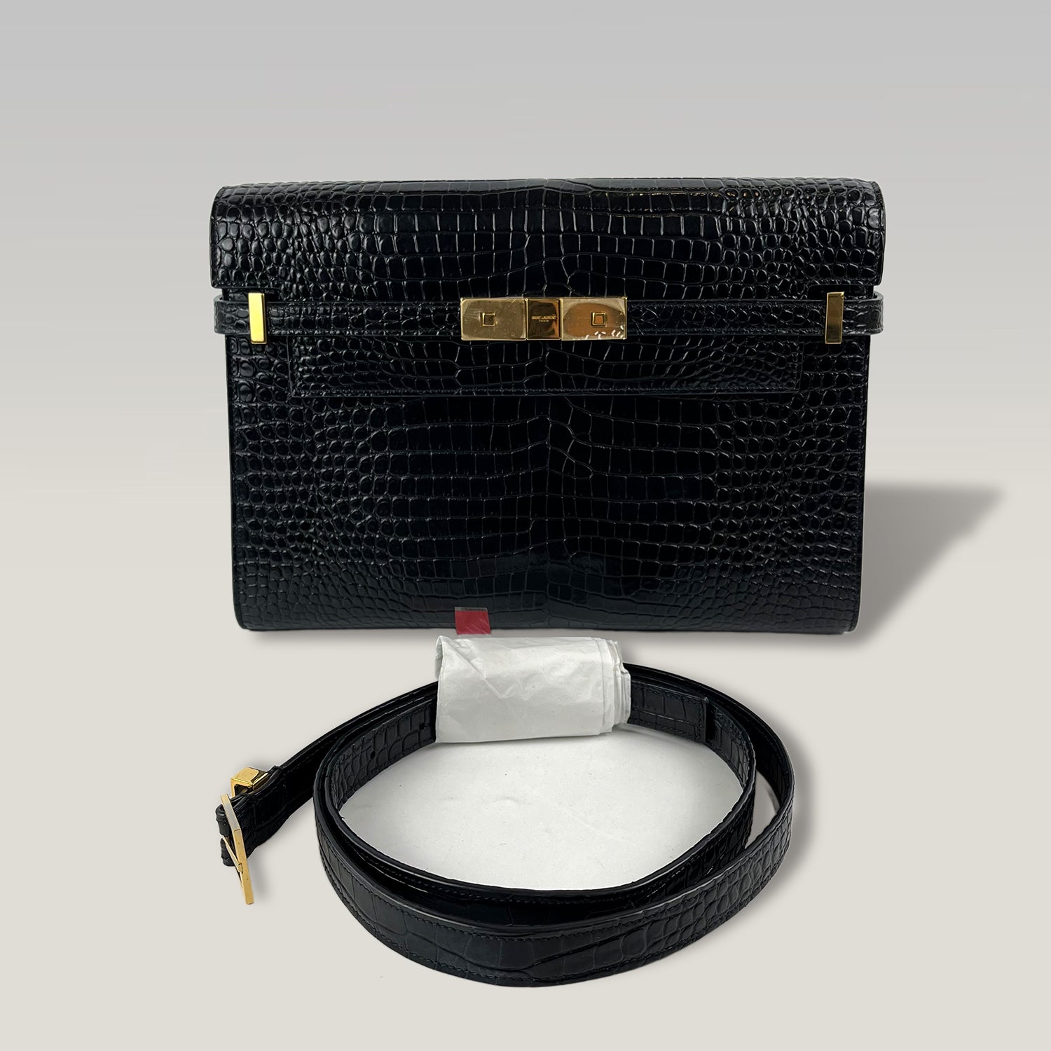 Saint Laurent Manhattan Medium Borsa a Tracolla Nera Effetto Coccodrillo in Pelle con Hardware Dorato