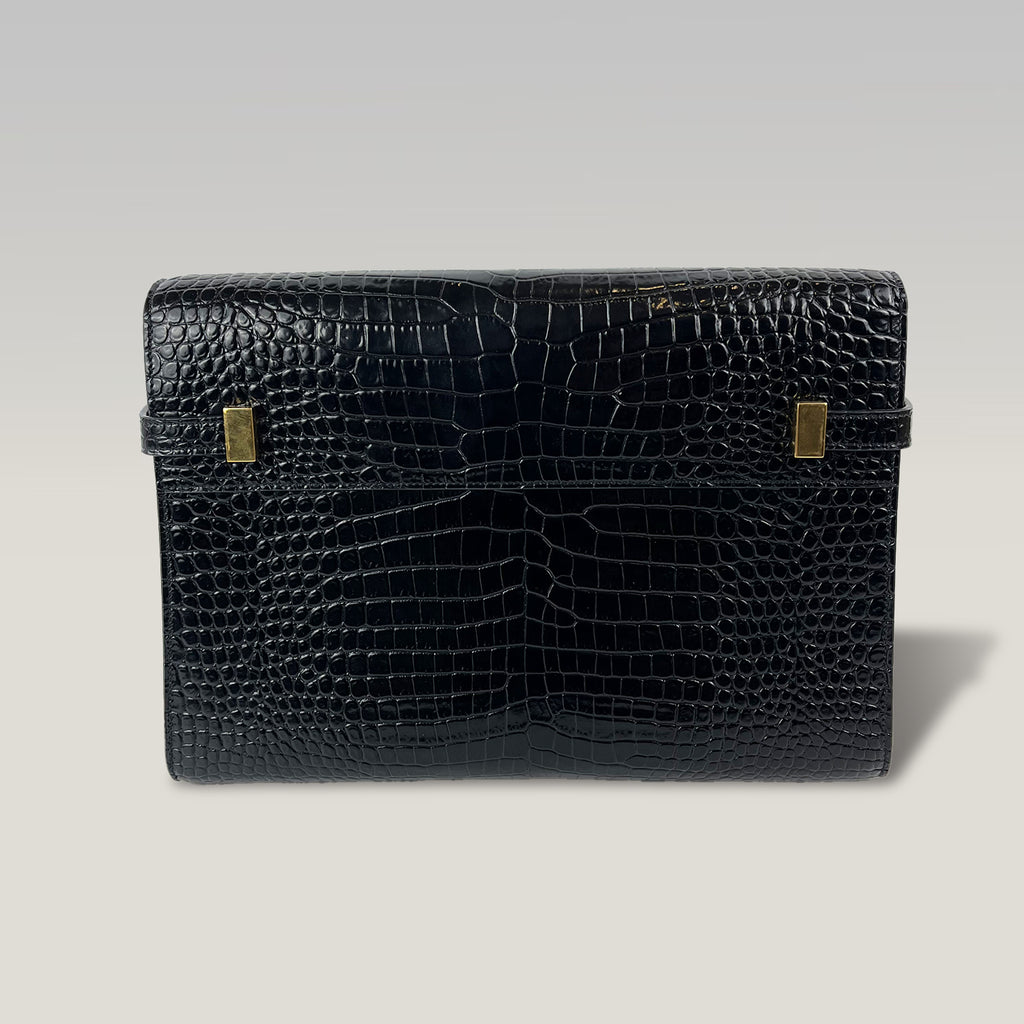 Saint Laurent Manhattan Medium Borsa a Tracolla Nera Effetto Coccodrillo in Pelle con Hardware Dorato