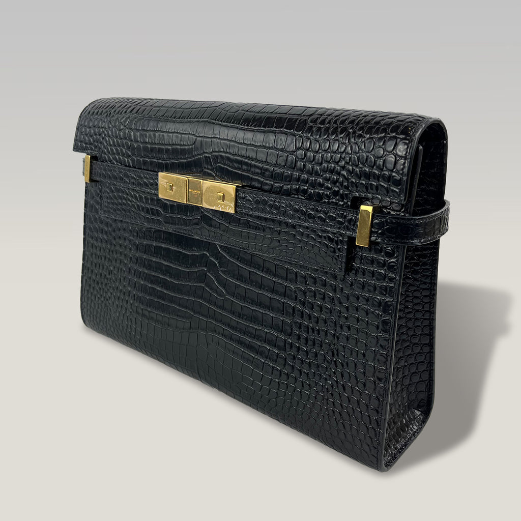 Saint Laurent Manhattan Medium Borsa a Tracolla Nera Effetto Coccodrillo in Pelle con Hardware Dorato