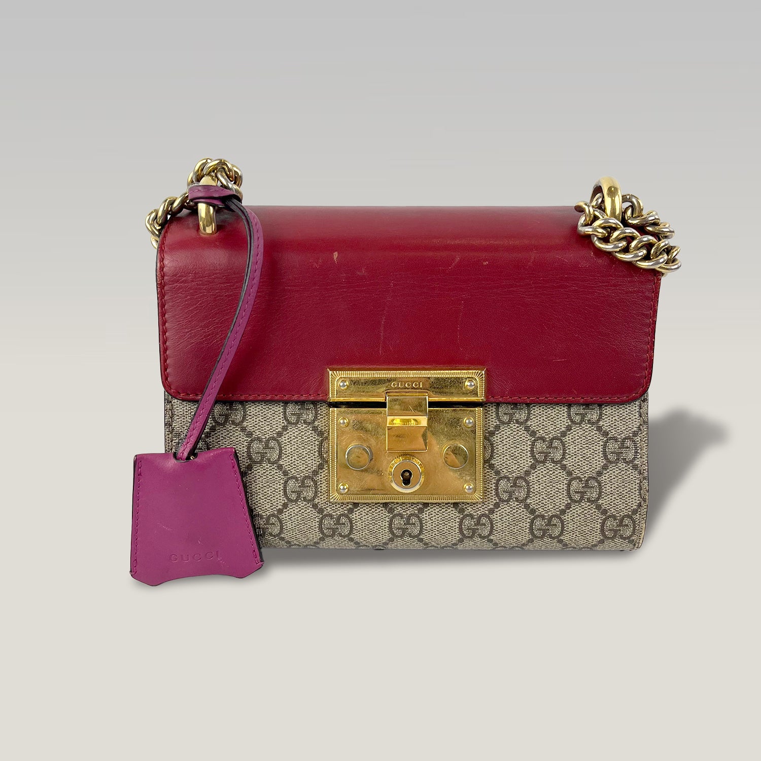 Gucci Padlock GG Supreme Small Chain Shoulder Bag Beige Canvas Red Leather