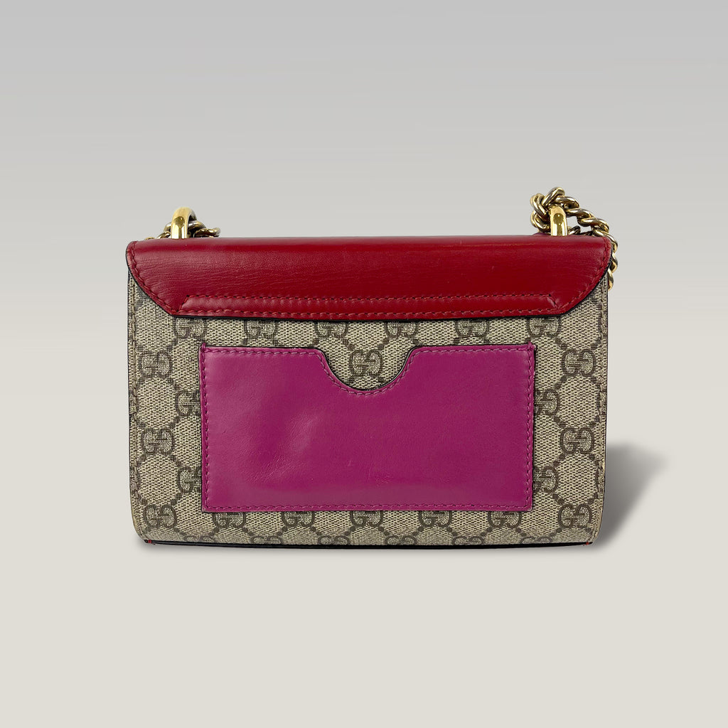 Gucci Padlock GG Supreme Small Chain Shoulder Bag Beige Canvas Red Leather