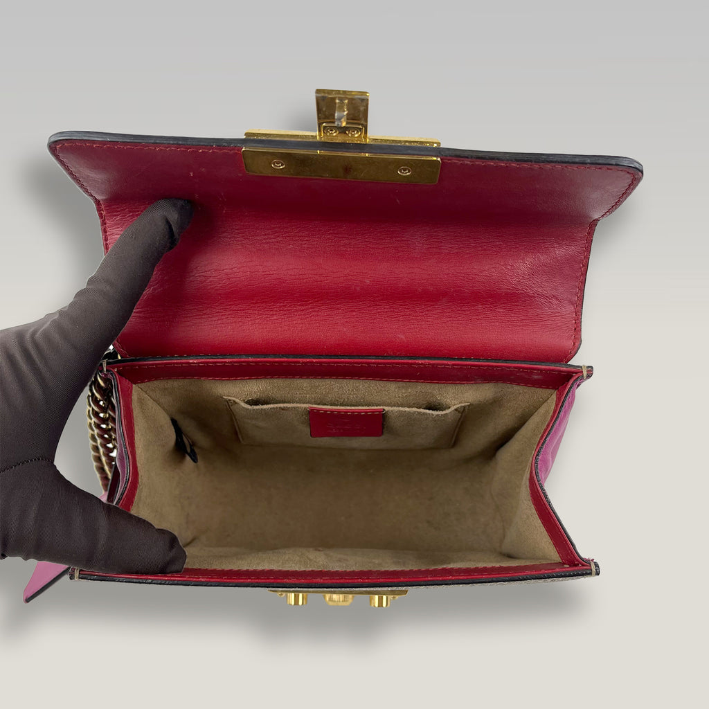 Gucci Padlock GG Supreme Small Chain Shoulder Bag Beige Canvas Red Leather
