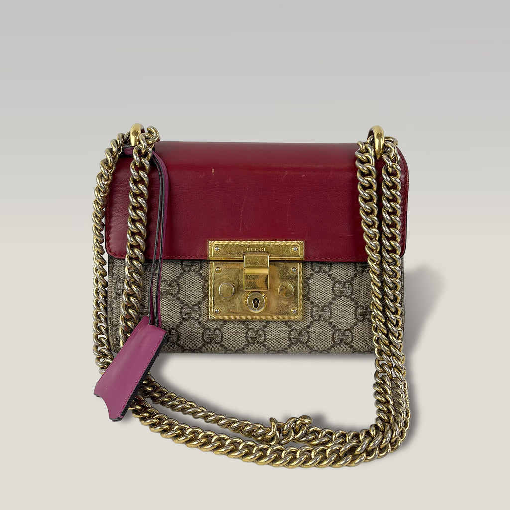 Gucci Padlock GG Supreme Small Chain Shoulder Bag Beige Canvas Red Leather