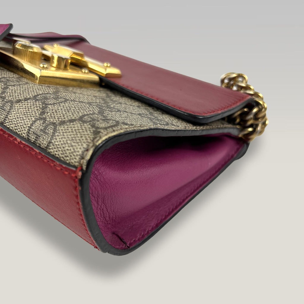 Gucci Padlock GG Supreme Small Chain Shoulder Bag Beige Canvas Red Leather
