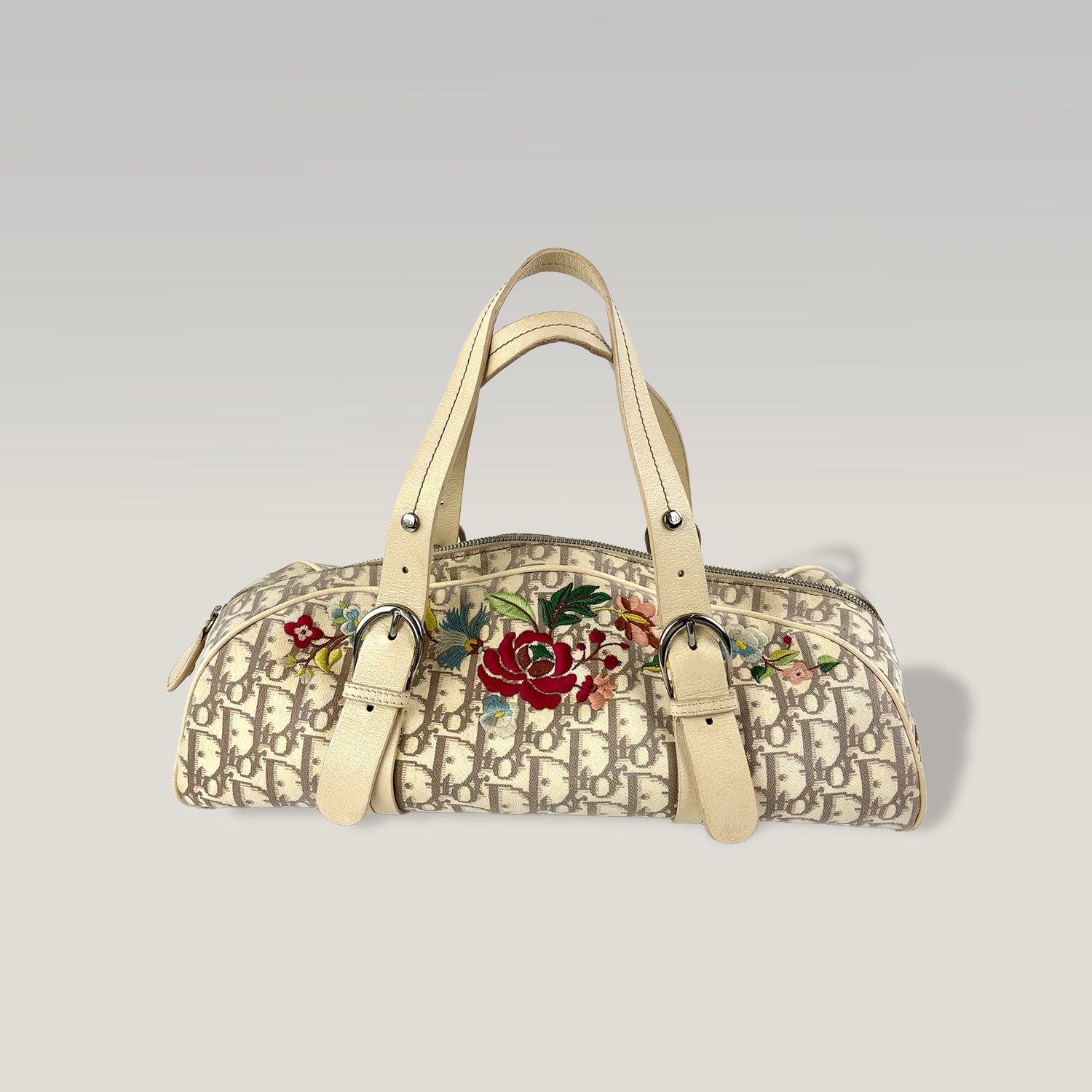 DIOR Diorissimo Boston Bag in Tela Jacquard con Dettagli Ricamati e Pelle