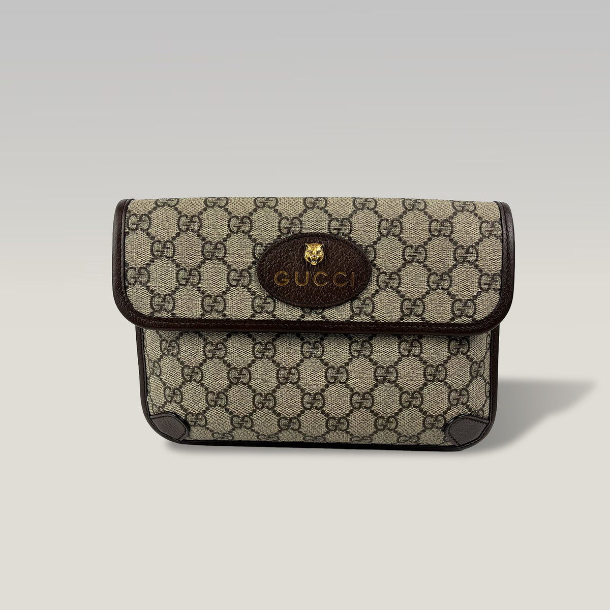 Gucci Marsupio Vintage GG Supreme Beige ed Ebano con Testa di Tigre e Dettagli in Pelle Marrone