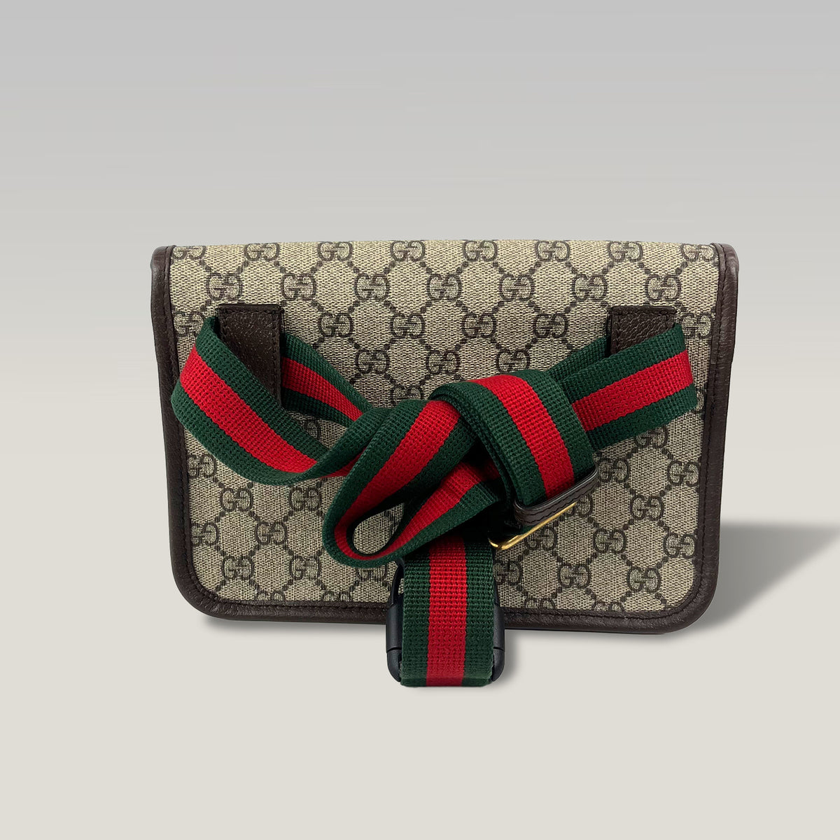 Gucci Marsupio Vintage GG Supreme Beige ed Ebano con Testa di Tigre e Dettagli in Pelle Marrone