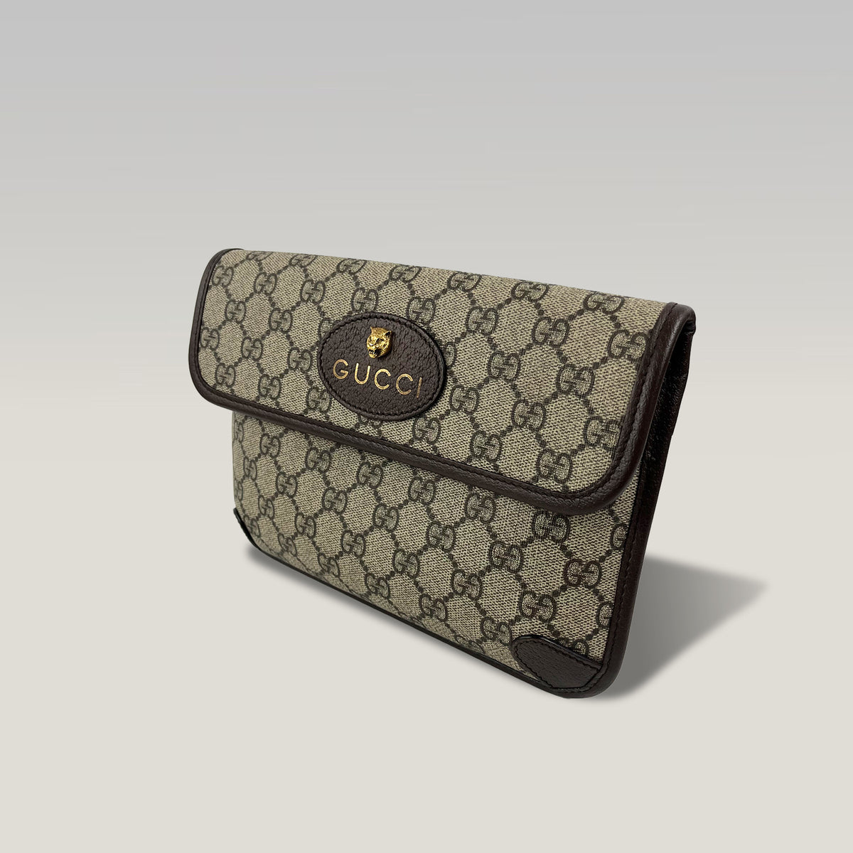 Gucci Marsupio Vintage GG Supreme Beige ed Ebano con Testa di Tigre e Dettagli in Pelle Marrone