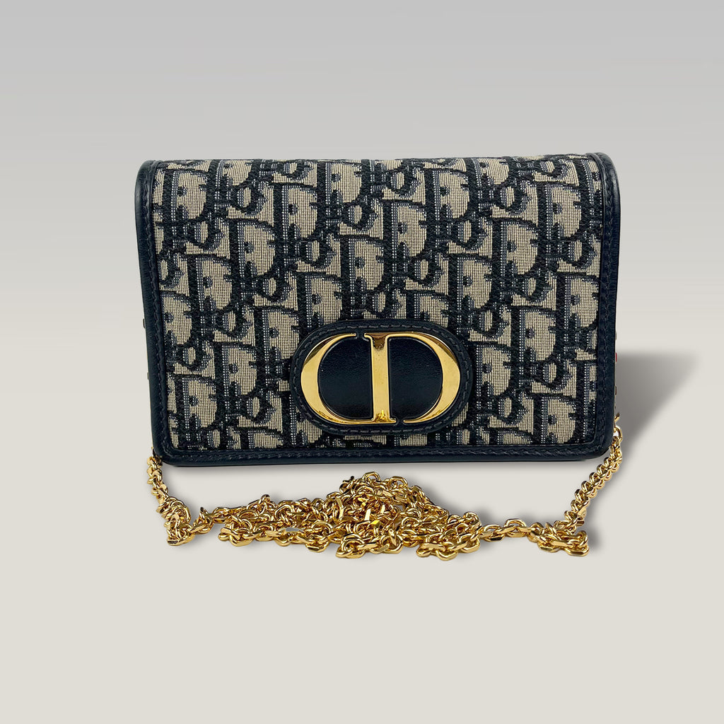 Dior Saddle Wallet On Chain Oblique Jacquard Blu – Borsa WOC con Catena Dorata 19 cm