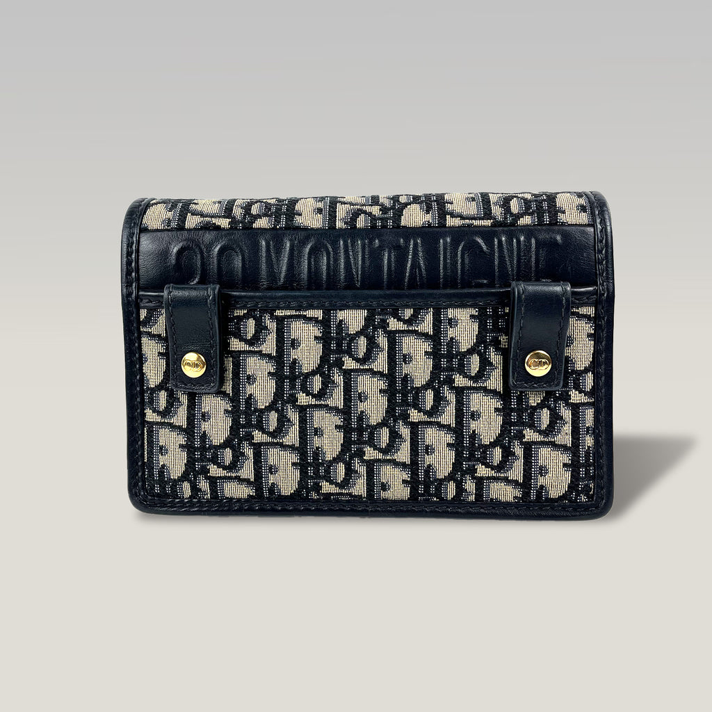 Dior Saddle Wallet On Chain Oblique Jacquard Blu – Borsa WOC con Catena Dorata 19 cm