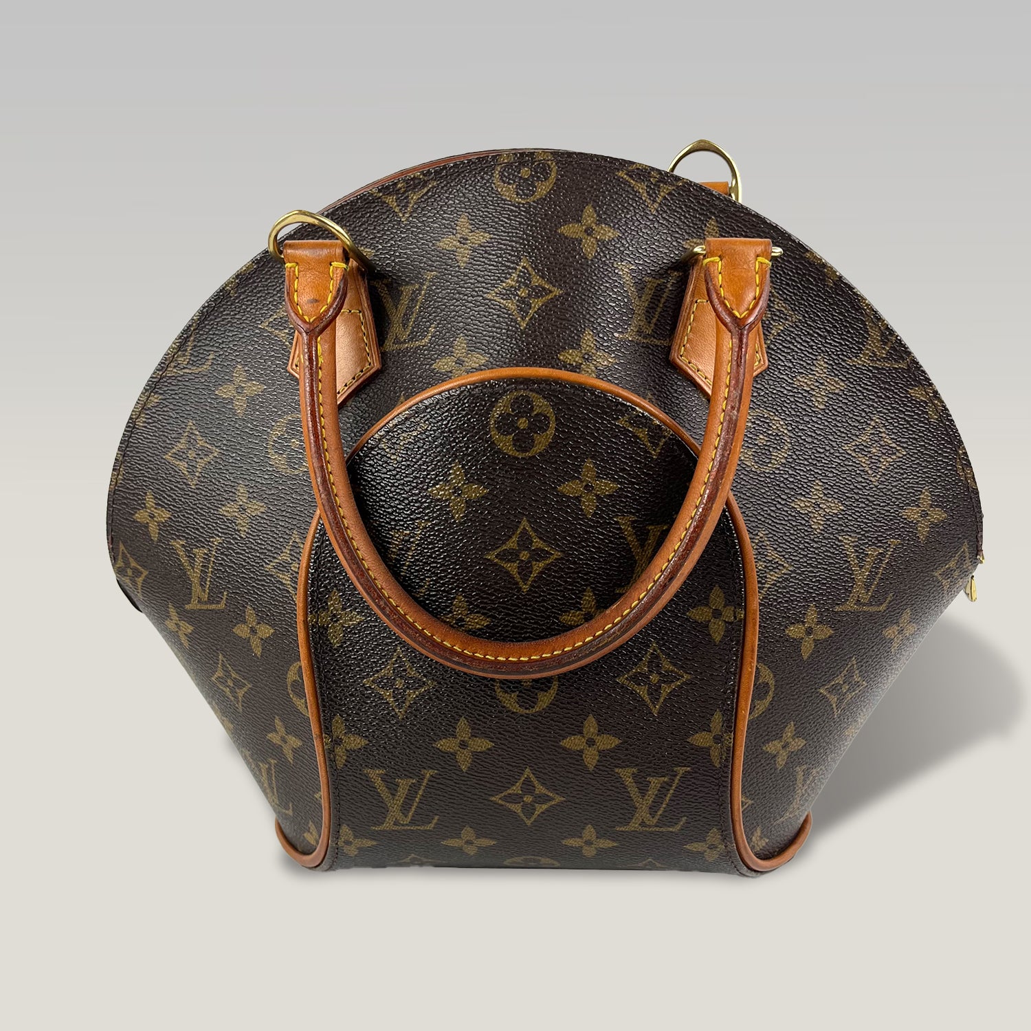 Louis Vuitton Ellipse MM Monogram Canvas Handbag Vintage Brown Leather Trim