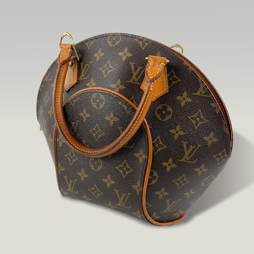 Louis Vuitton Ellipse MM Monogram Canvas Handbag Vintage Brown Leather Trim