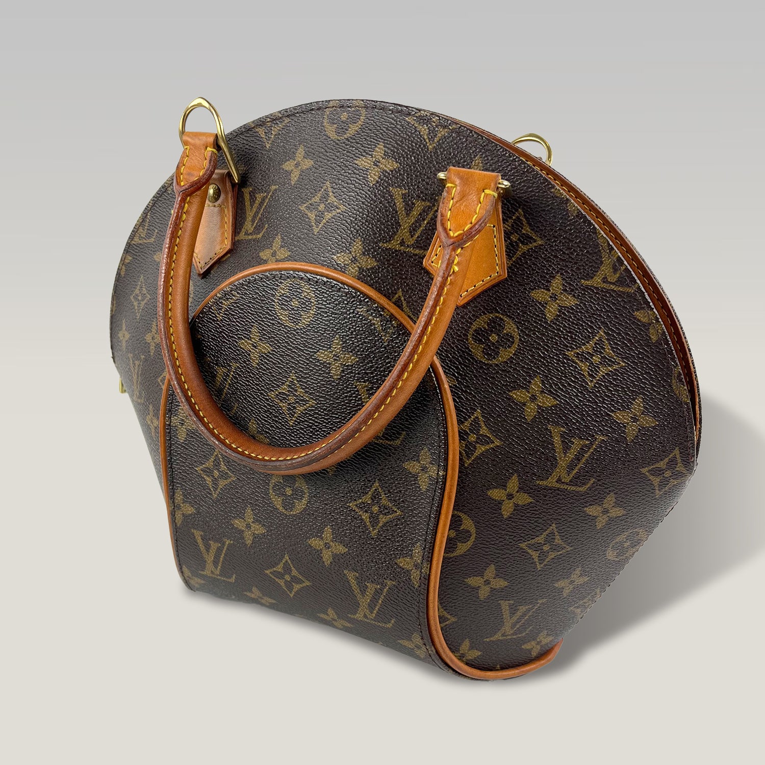 Louis Vuitton Ellipse MM Monogram Canvas Handbag Vintage Brown Leather Trim