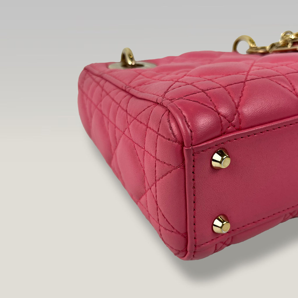 Dior Mini Lady Dior Borsa in Pelle Rosa Cannage con Hardware Dorato