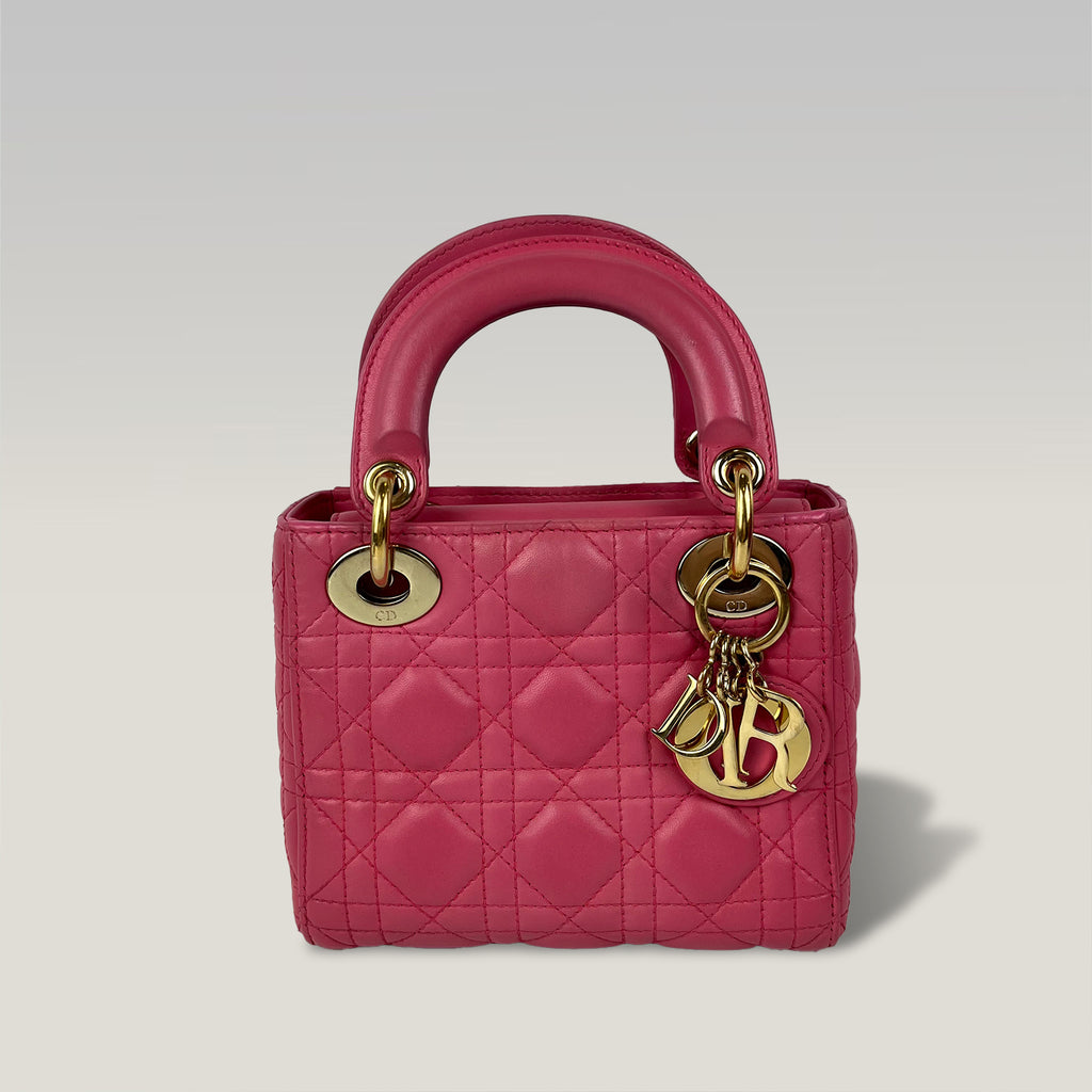 Dior Mini Lady Dior Borsa in Pelle Rosa Cannage con Hardware Dorato