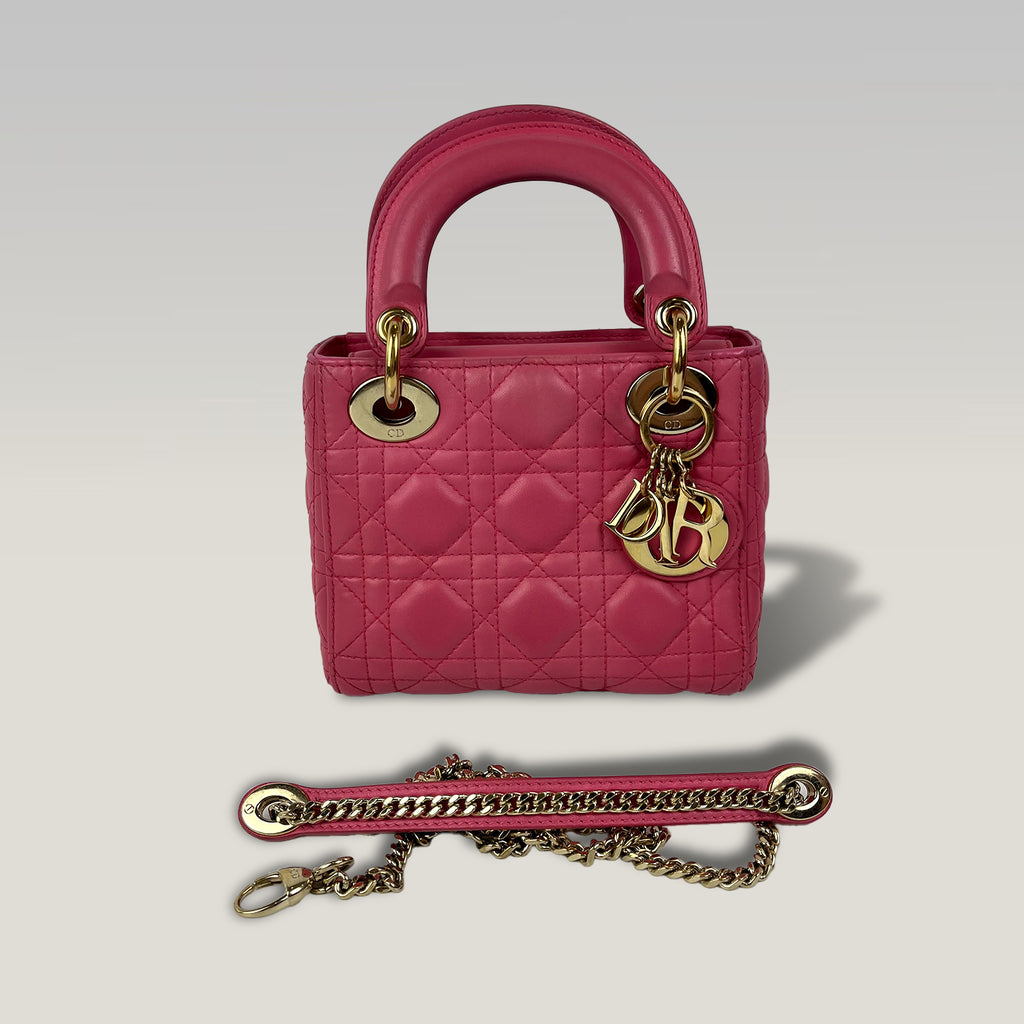 Dior Mini Lady Dior Borsa in Pelle Rosa Cannage con Hardware Dorato