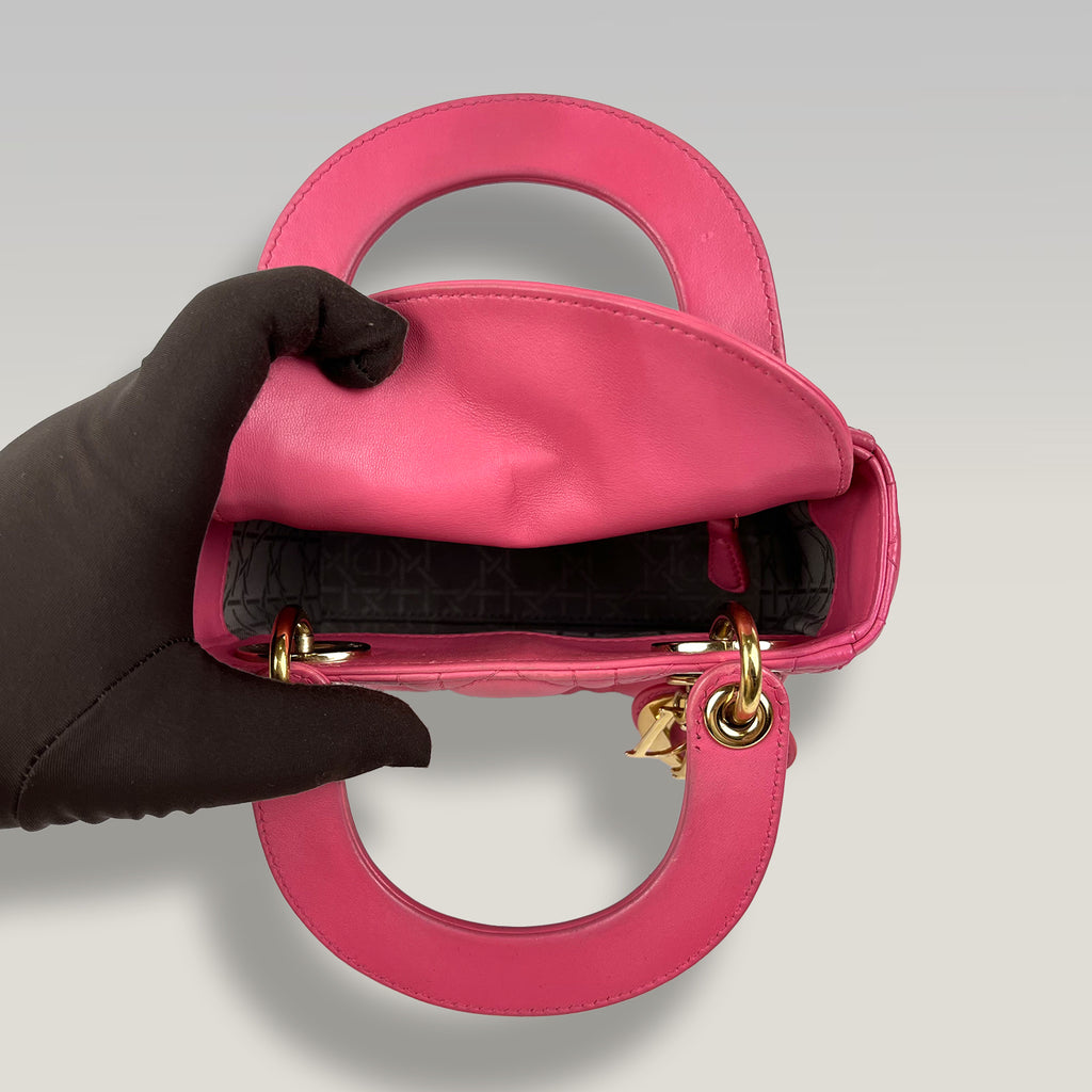 Dior Mini Lady Dior Borsa in Pelle Rosa Cannage con Hardware Dorato