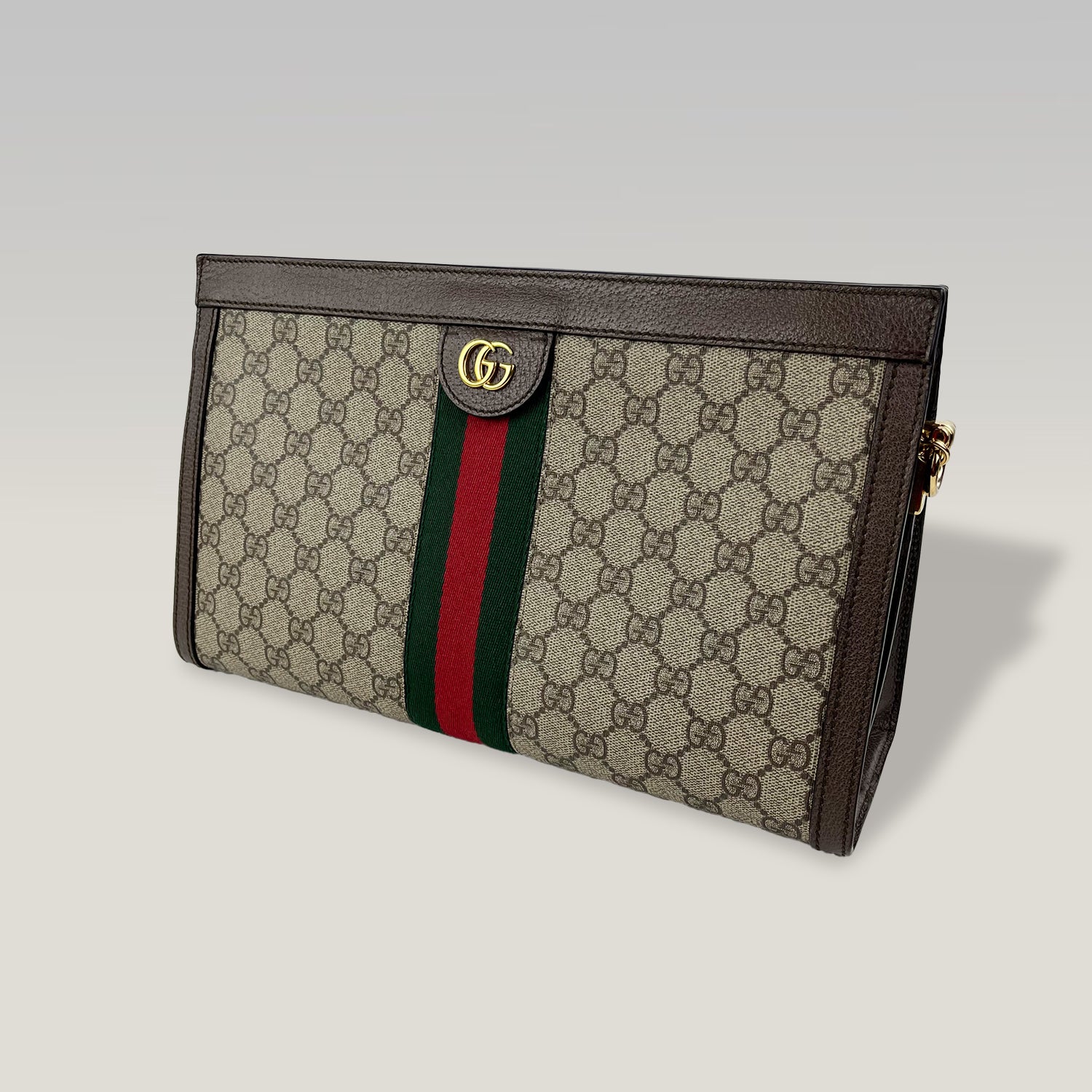 Gucci GG Supreme clutch con banda Web e catena