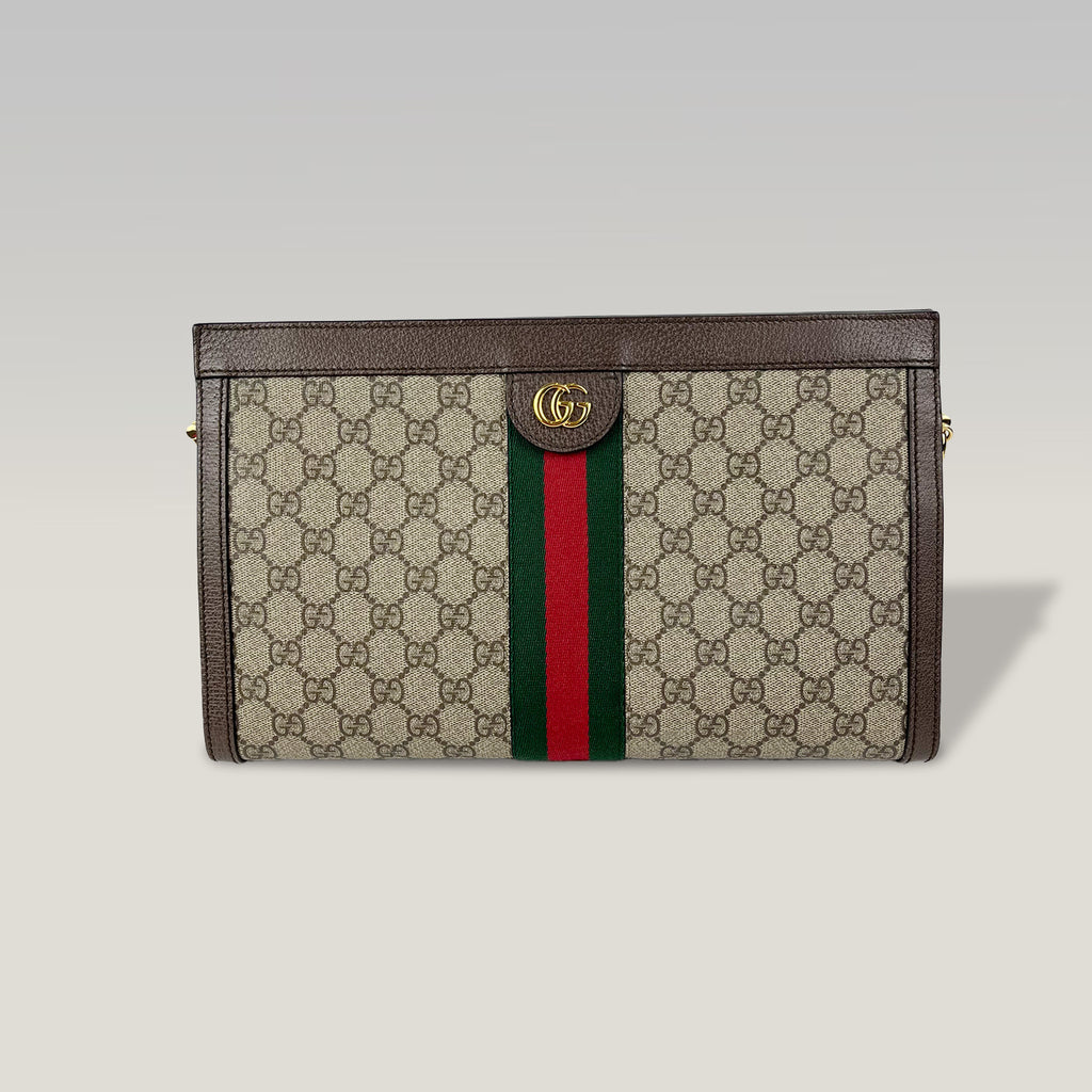 Gucci GG Supreme clutch con banda Web e catena