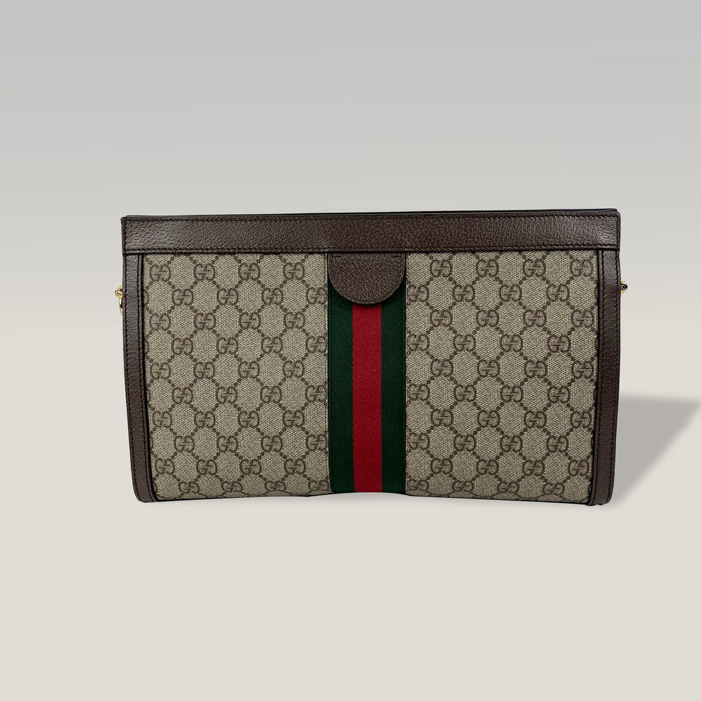 Gucci GG Supreme clutch con banda Web e catena