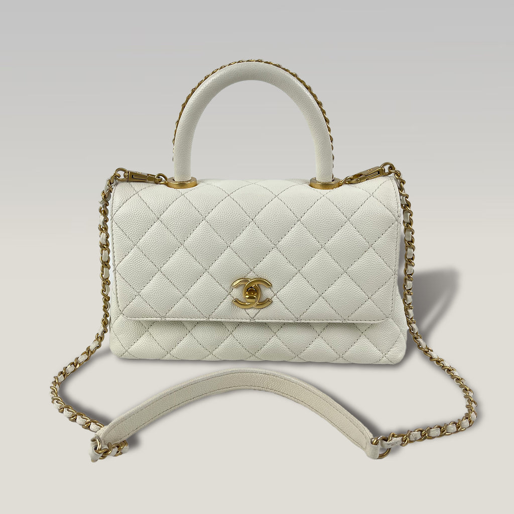 Chanel Coco Handle Piccola in Pelle Caviar Bianca Perlata Trapuntata con Hardware Dorato – Borsa a Mano e a Tracolla