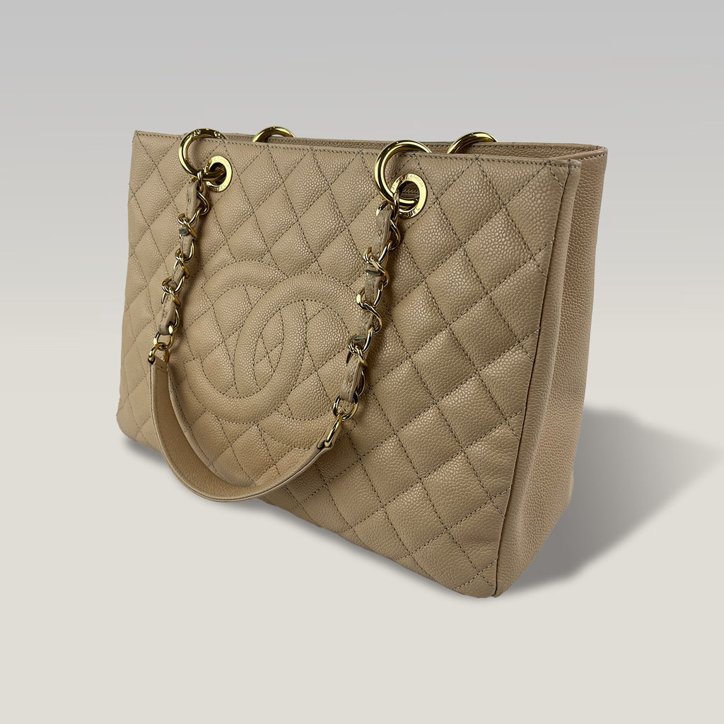 Chanel Grand Shopping Tote GST Beige Caviar Leather Shoulder Bag