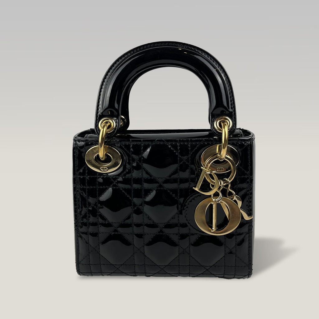 Dior Lady Dior Mini 3 Scomparti in Vernice Nera con Impunture Cannage e Hardware Dorato