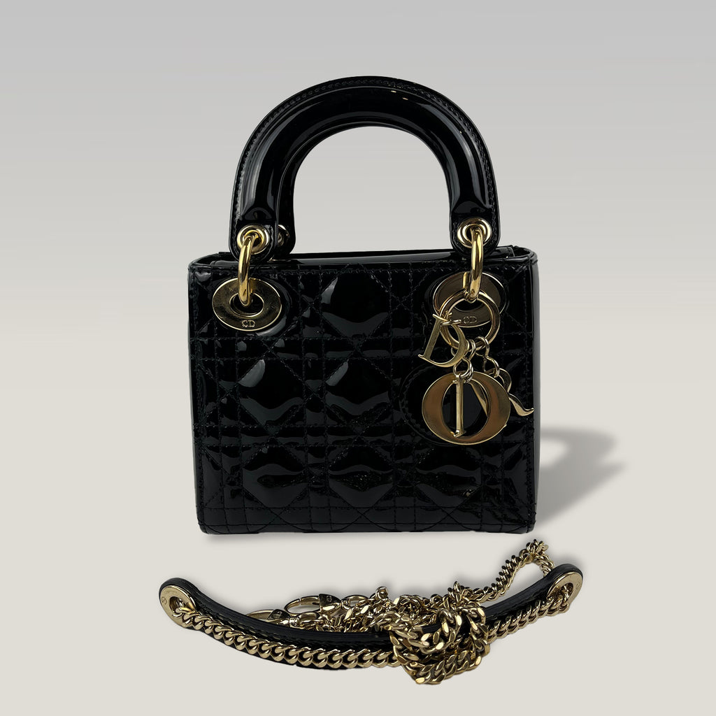 Dior Lady Dior Mini 3 Scomparti in Vernice Nera con Impunture Cannage e Hardware Dorato