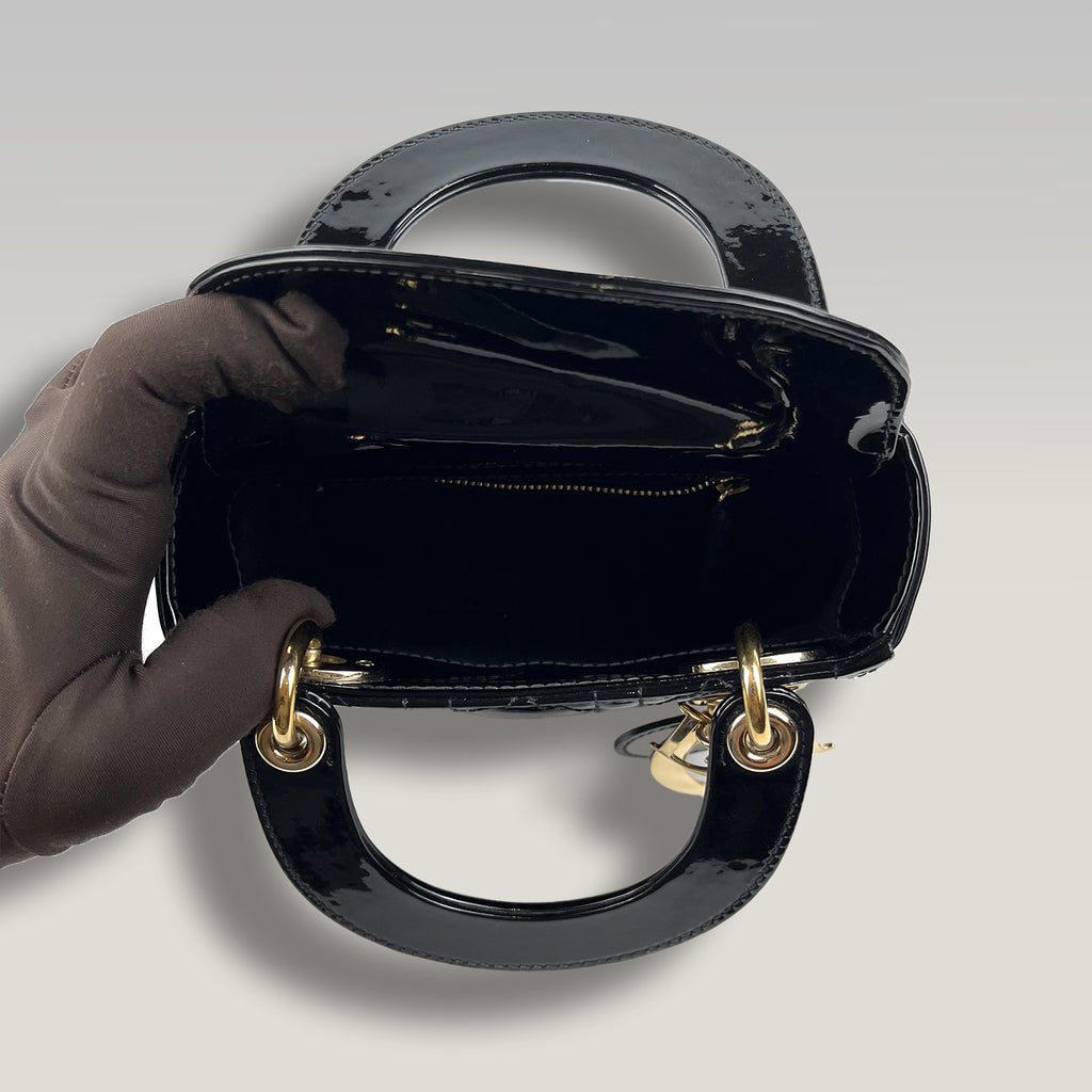 Dior Lady Dior Mini 3 Scomparti in Vernice Nera con Impunture Cannage e Hardware Dorato