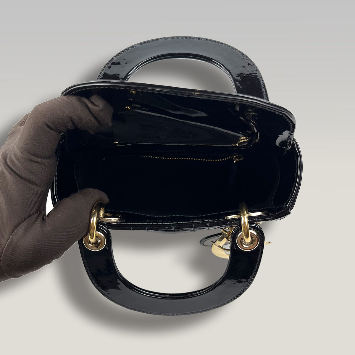 Dior Lady Dior Mini 3 Scomparti in Vernice Nera con Impunture Cannage e Hardware Dorato