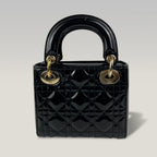 Dior Lady Dior Mini 3 Scomparti in Vernice Nera con Impunture Cannage e Hardware Dorato
