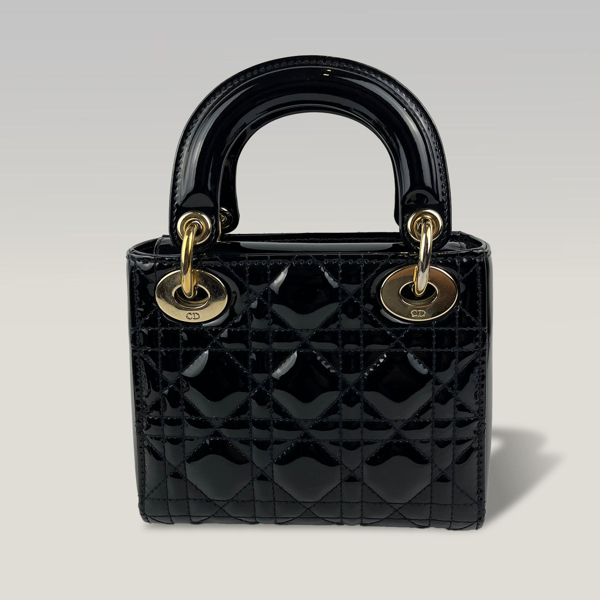 Dior Lady Dior Mini 3 Scomparti in Vernice Nera con Impunture Cannage e Hardware Dorato