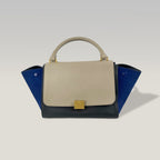 CELINE Trapeze Media in Pelle e Suede Beige e Blu con Hardware Argento