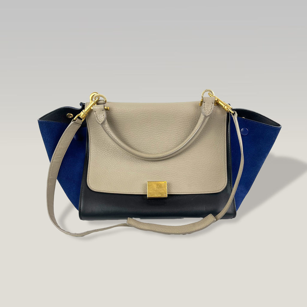 CELINE Trapeze Media in Pelle e Suede Beige e Blu con Hardware Argento