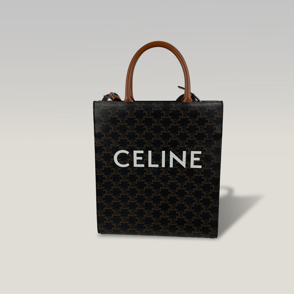 Celine Cabas Vertical Tote Bag Vintage in Tela Triomphe Marrone con Logo Bianco e Manici in Pelle