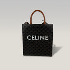 Celine Cabas Vertical Tote Bag Vintage in Tela Triomphe Marrone con Logo Bianco e Manici in Pelle