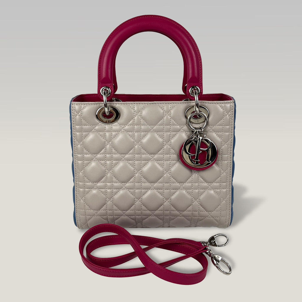 Dior Lady Dior Medium in Pelle Cannage Multicolor Beige, Blu e Fucsia con Hardware Argento